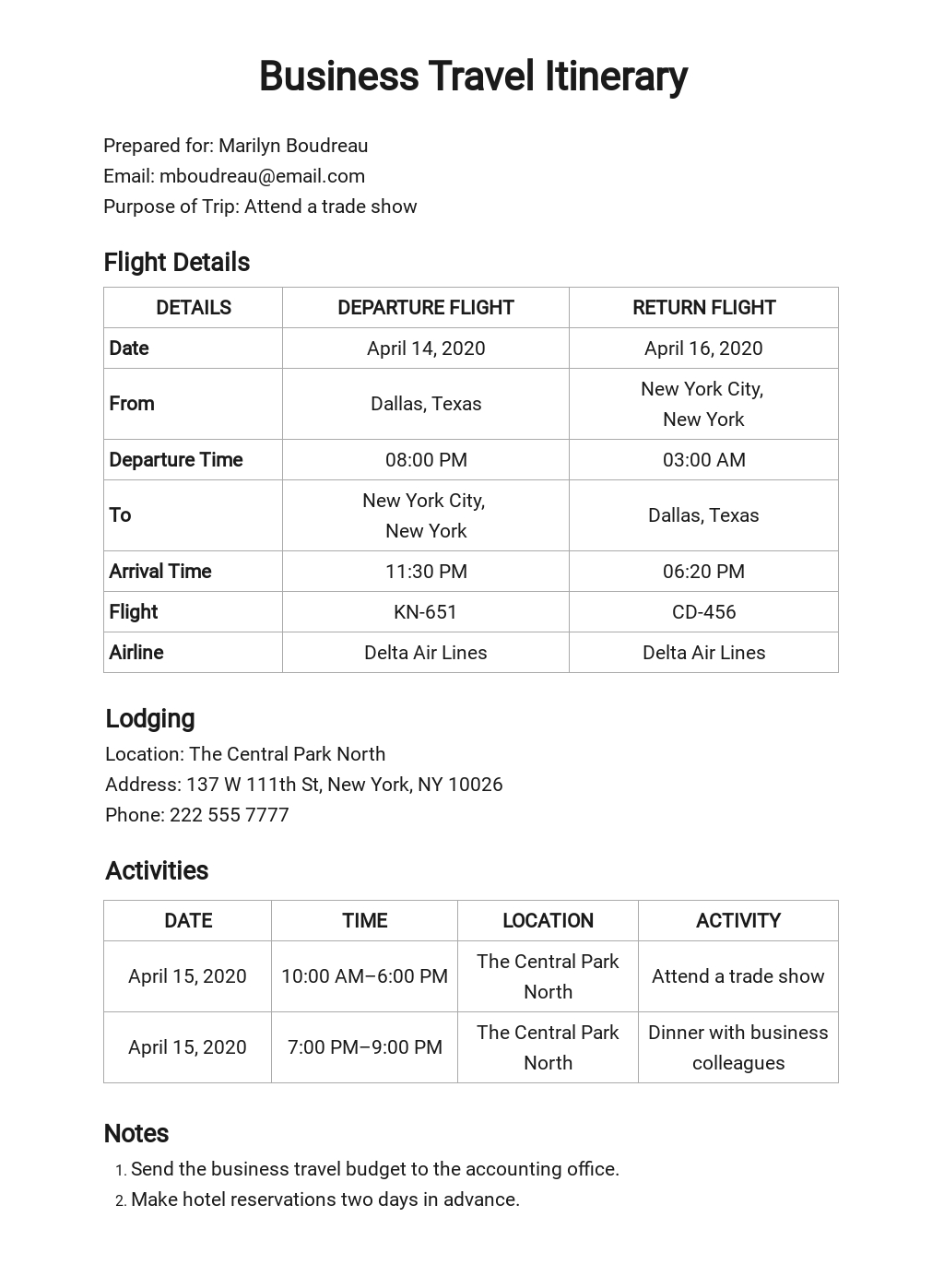 FREE Business Travel Itinerary Format Template - Word (DOC) | Excel ...