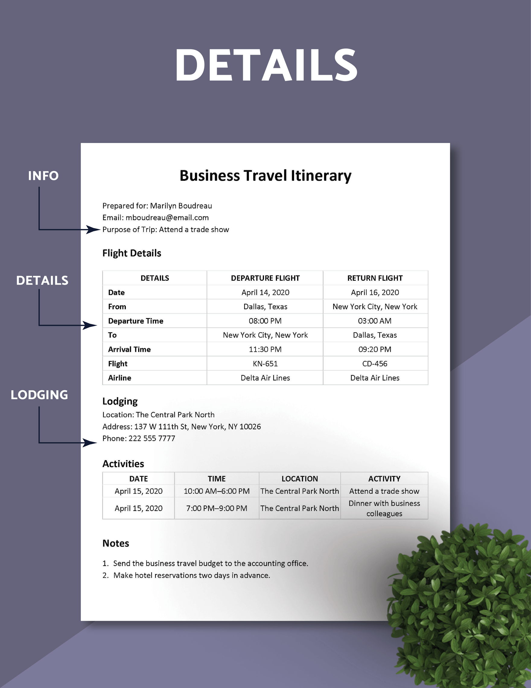 Business Travel Itinerary Example Template