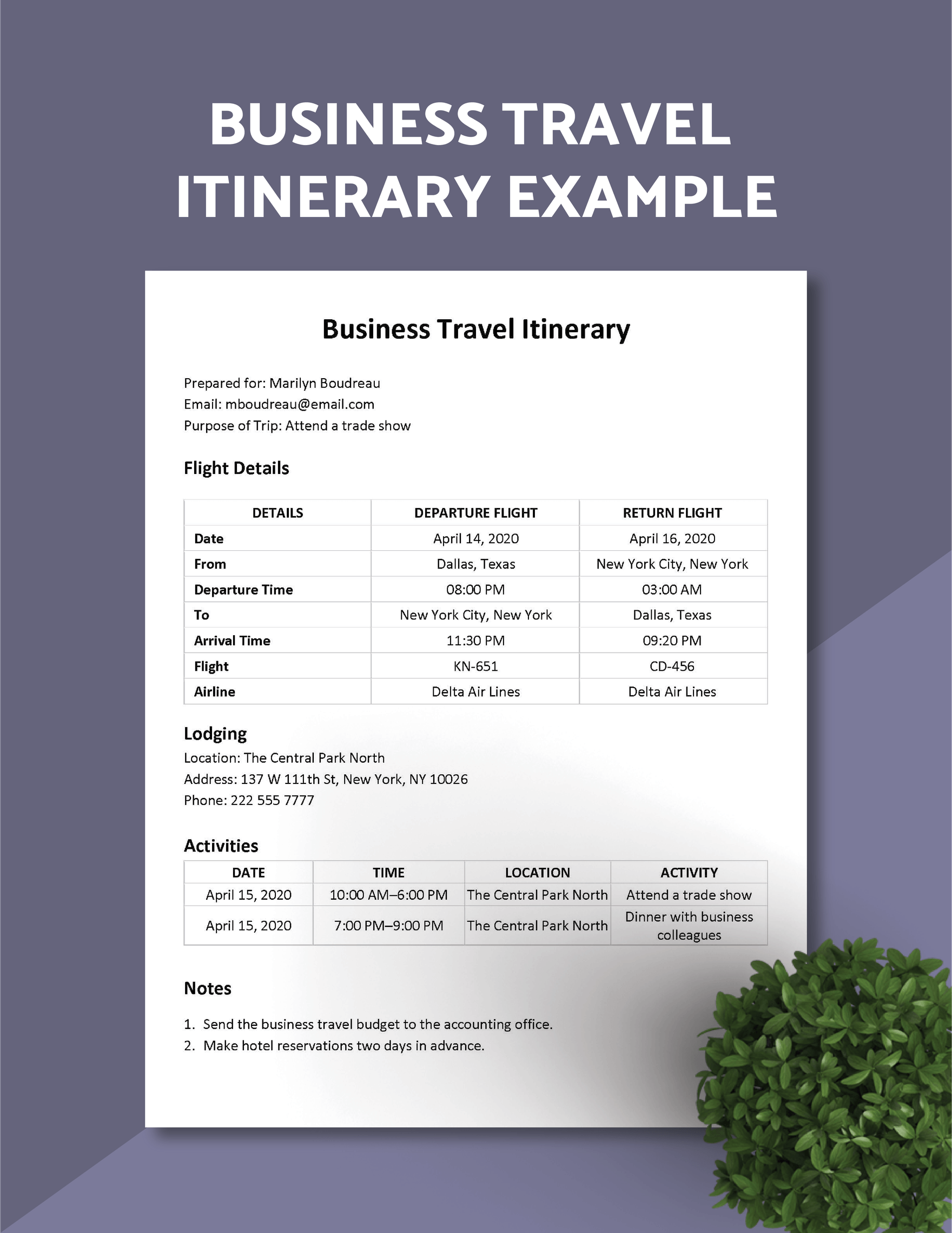 Business Travel Itinerary Example Template