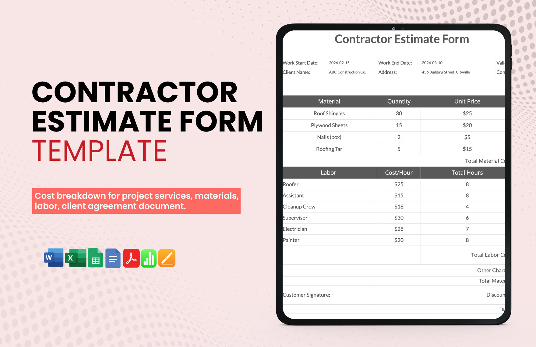 Flooring Contractor Estimate Sheet Template In Excel Word Google Flooring Contractor Estimate Sheet Template In Excel Word Google