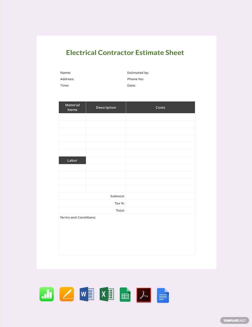 Electrical Contractor Estimate Template Google Docs, Google Sheets