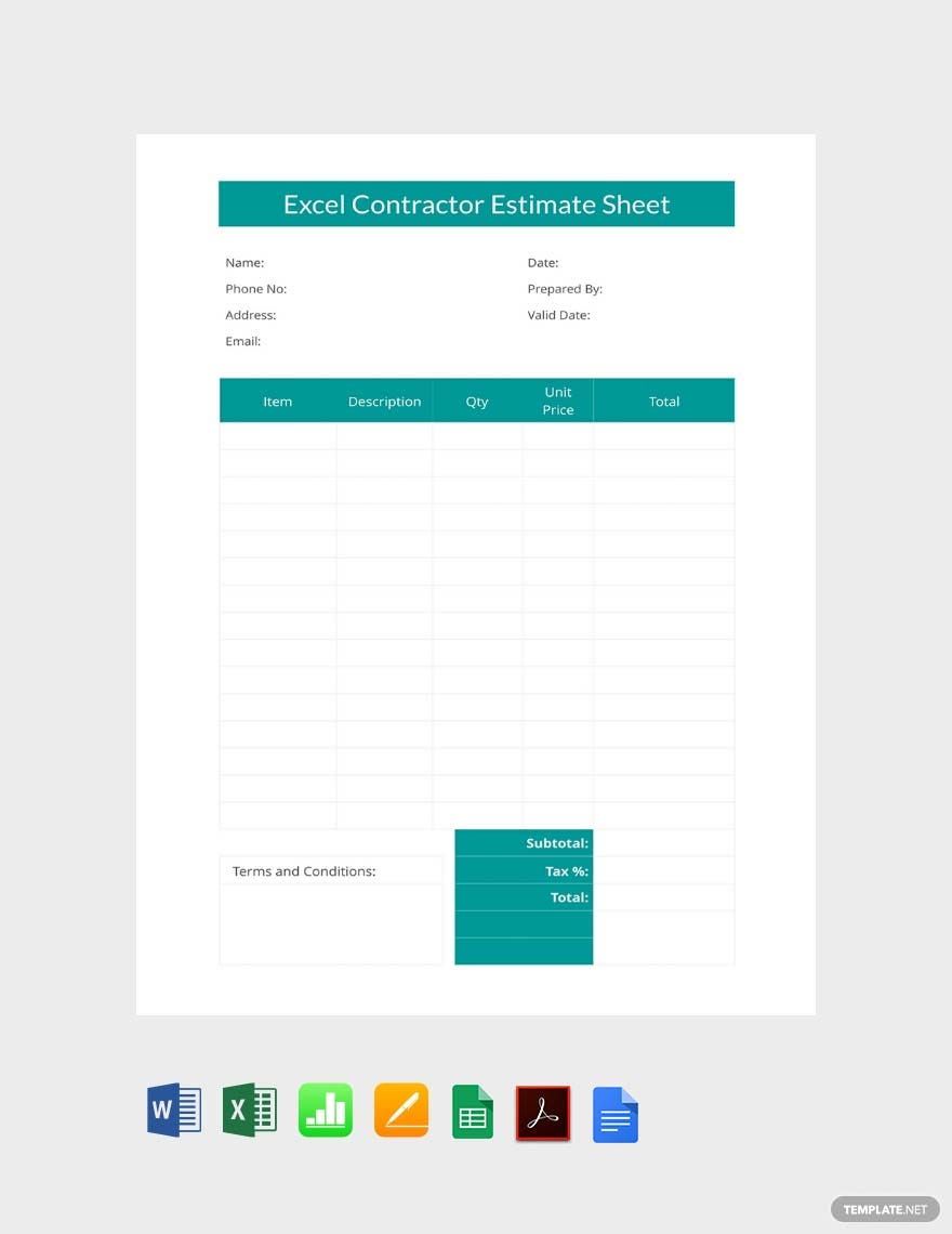 Excel Contractor Estimate Sheet Template