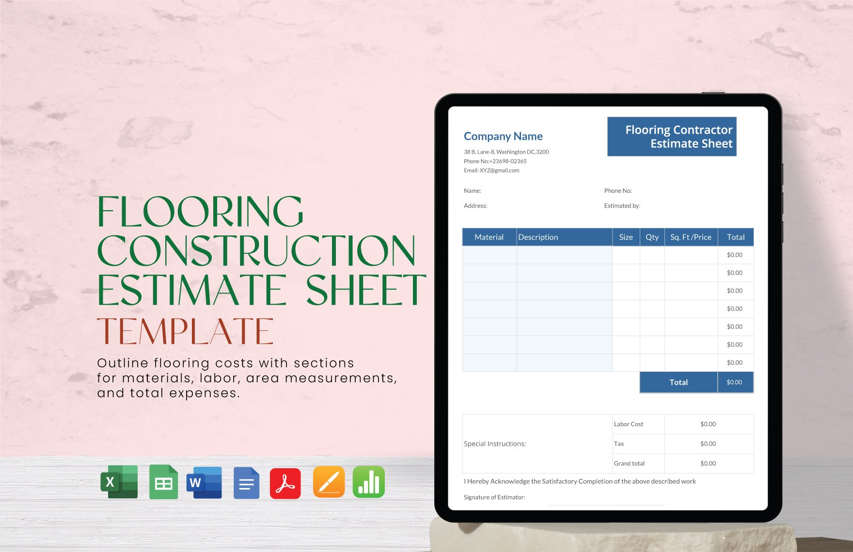 Flooring Contractor Estimate Sheet Template in Word, Google Docs, Excel, PDF, Google Sheets, Apple Pages, Apple Numbers