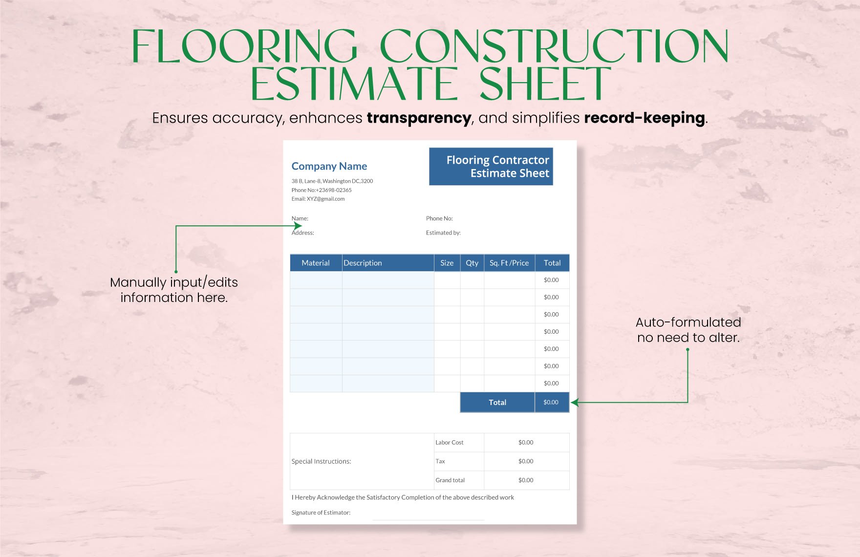 Flooring Contractor Estimate Sheet Template