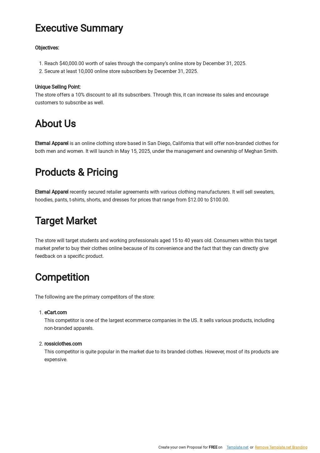 business plan sample for clothing brand