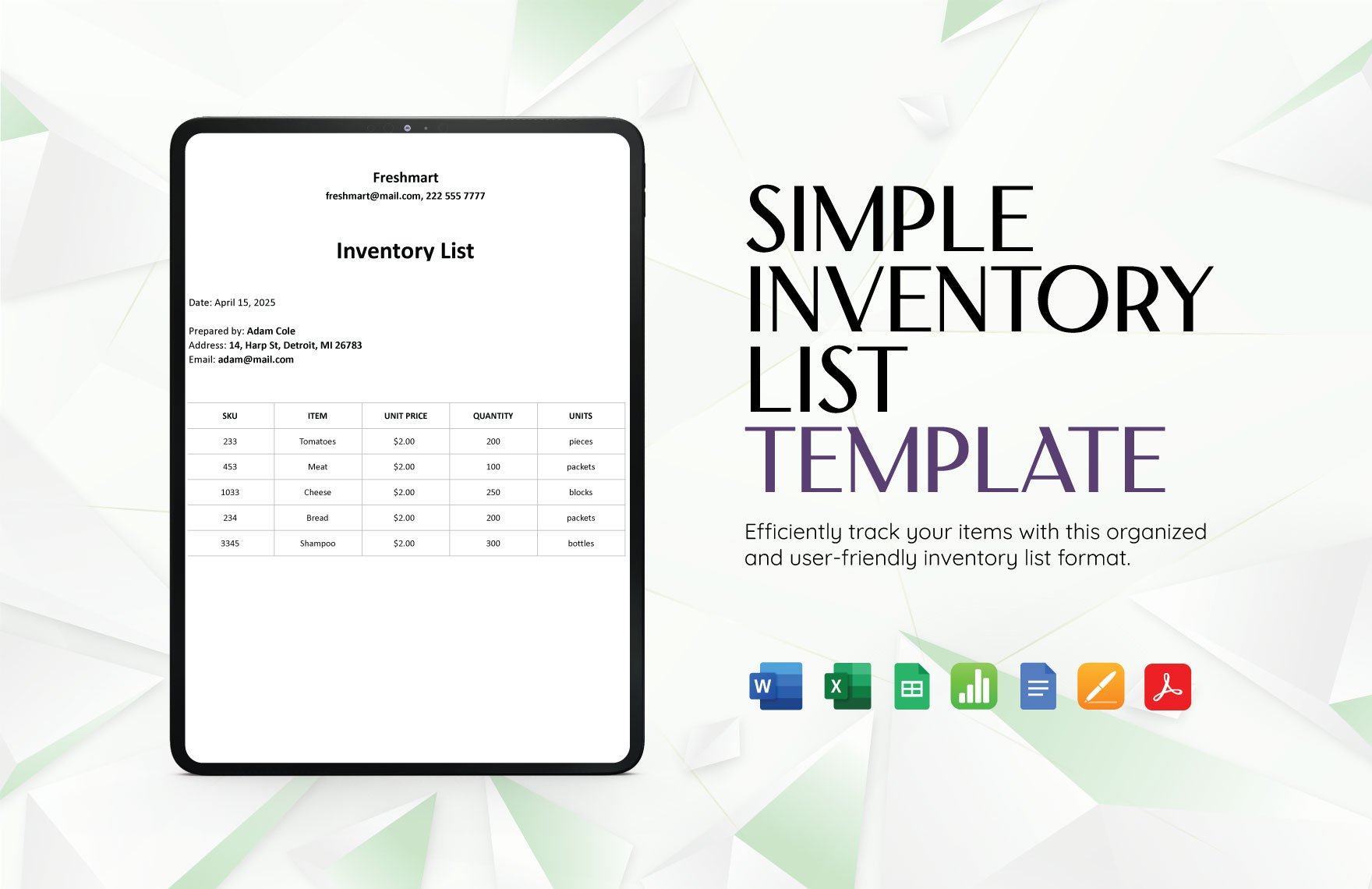 Simple Inventory List Template in Word, Google Docs, Excel, PDF, Google Sheets, Apple Pages, Apple Numbers