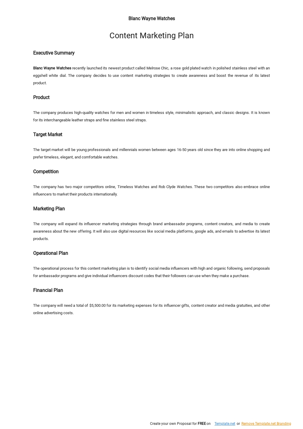 One Page Content Marketing Plan Template