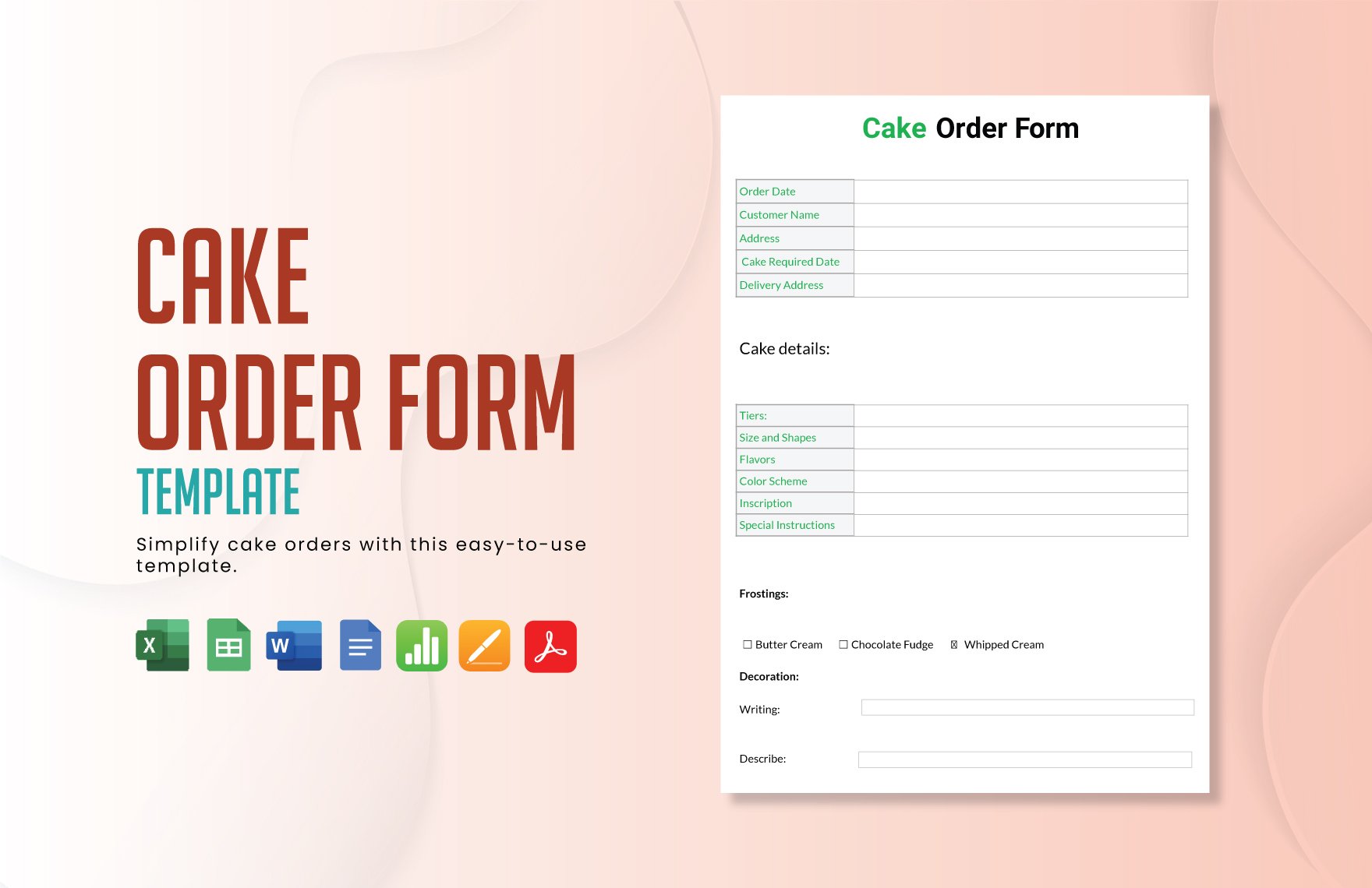 Cake Order Form Template in Word, Google Docs, Excel, PDF, Google Sheets, Apple Pages, Apple Numbers