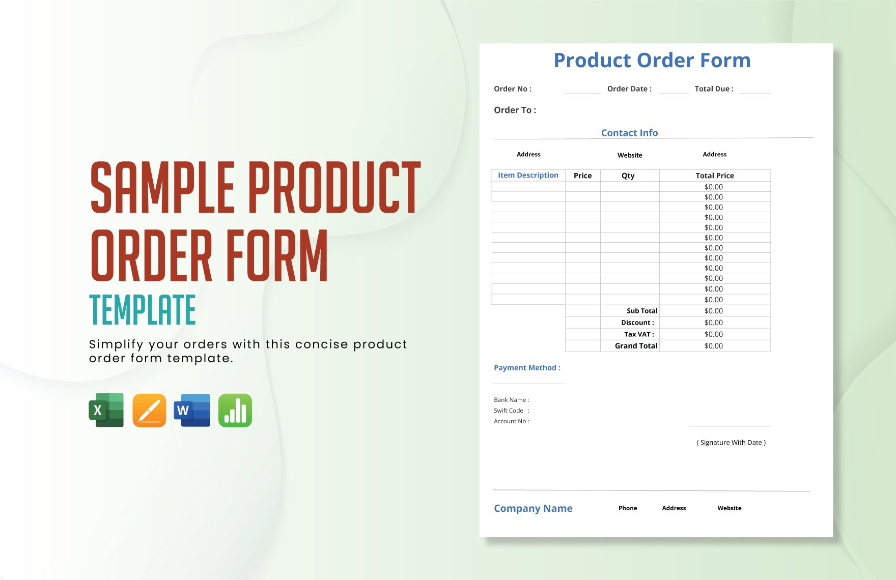 Sample Product Order Form Template in Word, Excel, Apple Pages, Apple Numbers