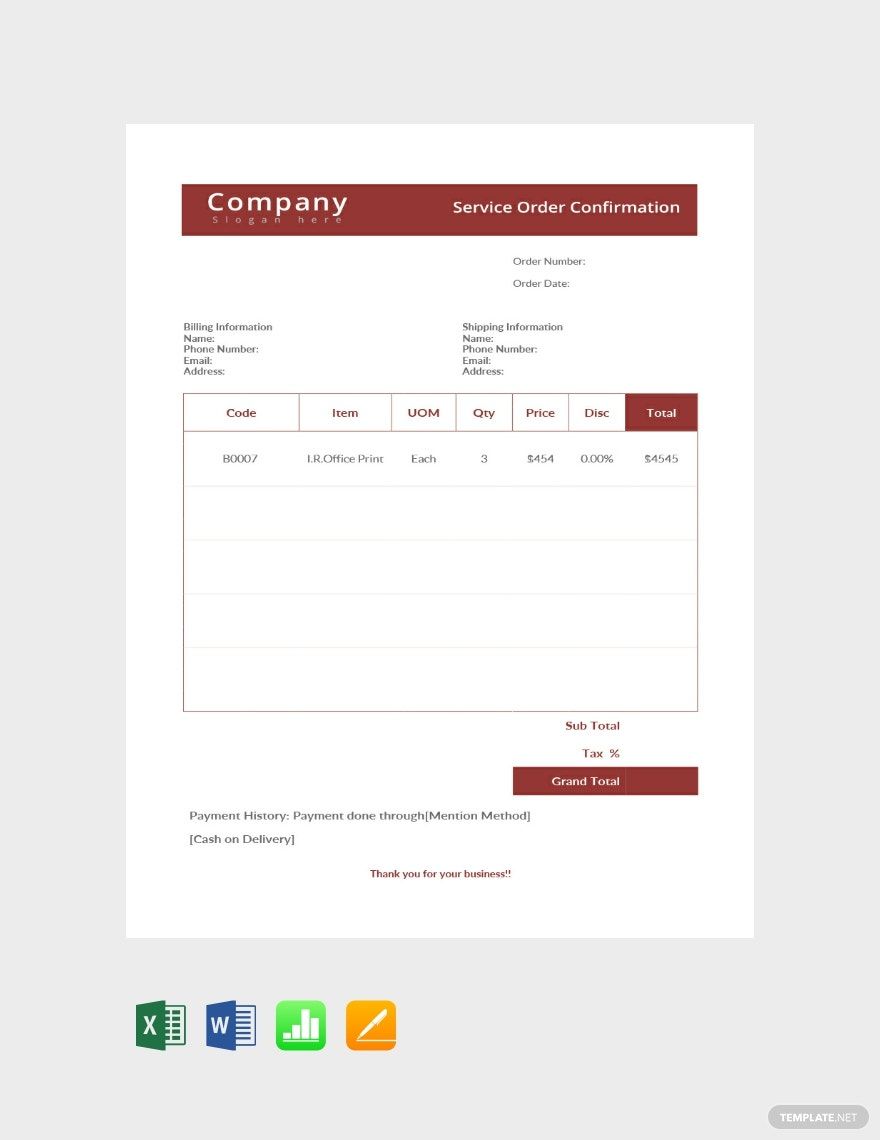 Service Order Confirmation Template