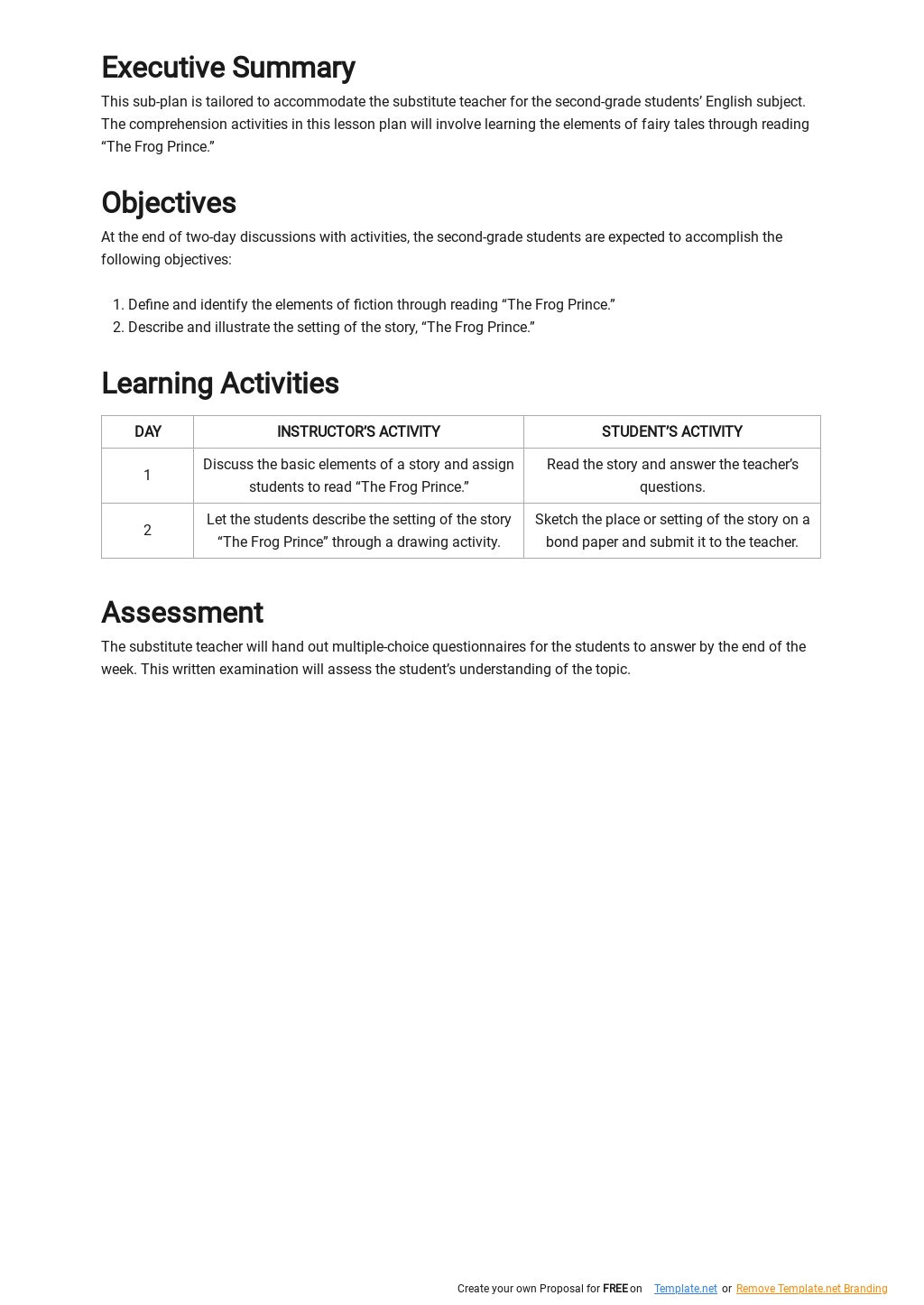 Sub Plan Template Google Docs, Word, Apple Pages, PDF