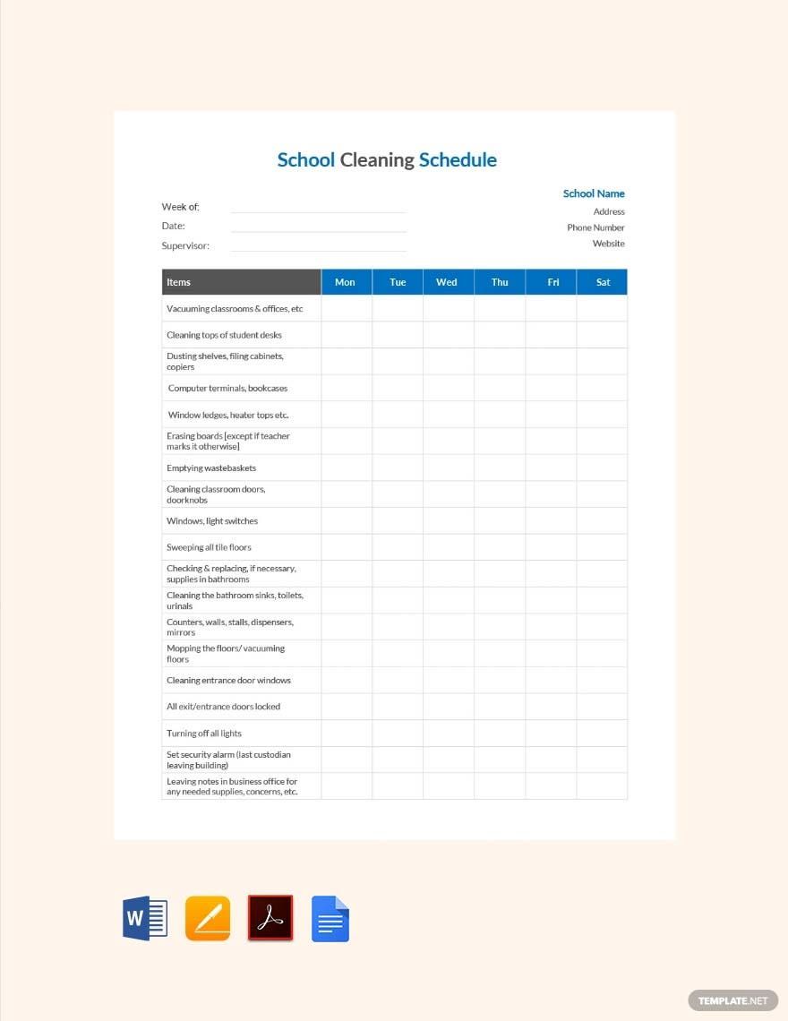 Sample School Cleaning Schedule Template