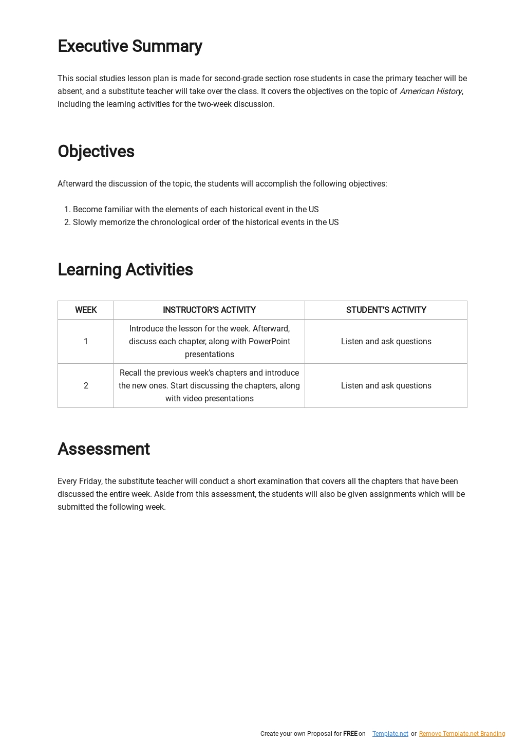 Sub Lesson Plan Template