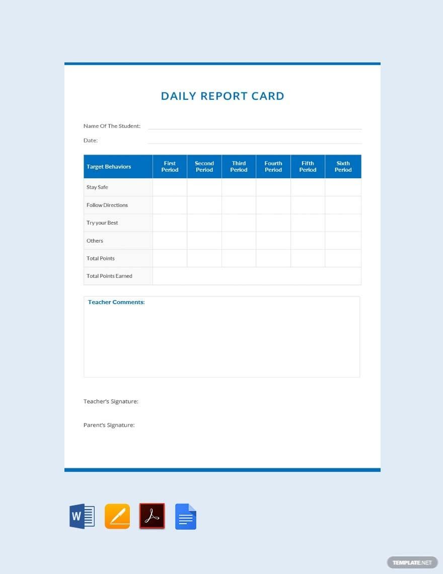 Free Daily Report Card Example Template