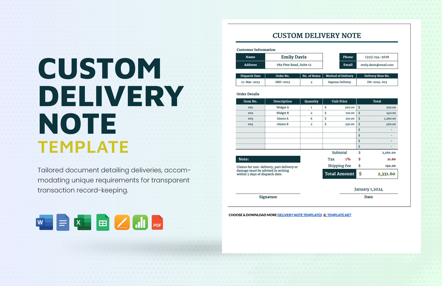 Free Custom Delivery Notes Template in Word, Google Docs, Excel, PDF, Google Sheets, Apple Pages, Apple Numbers