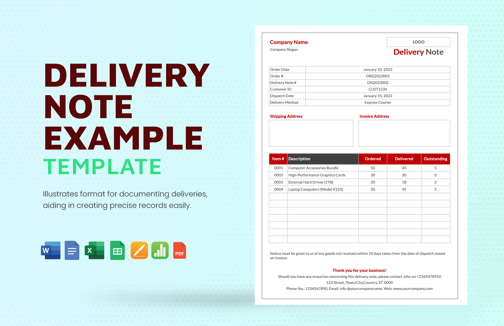 Delivery Note Example Template in Word, Google Docs, Excel, PDF, Google Sheets, Apple Pages, Apple Numbers