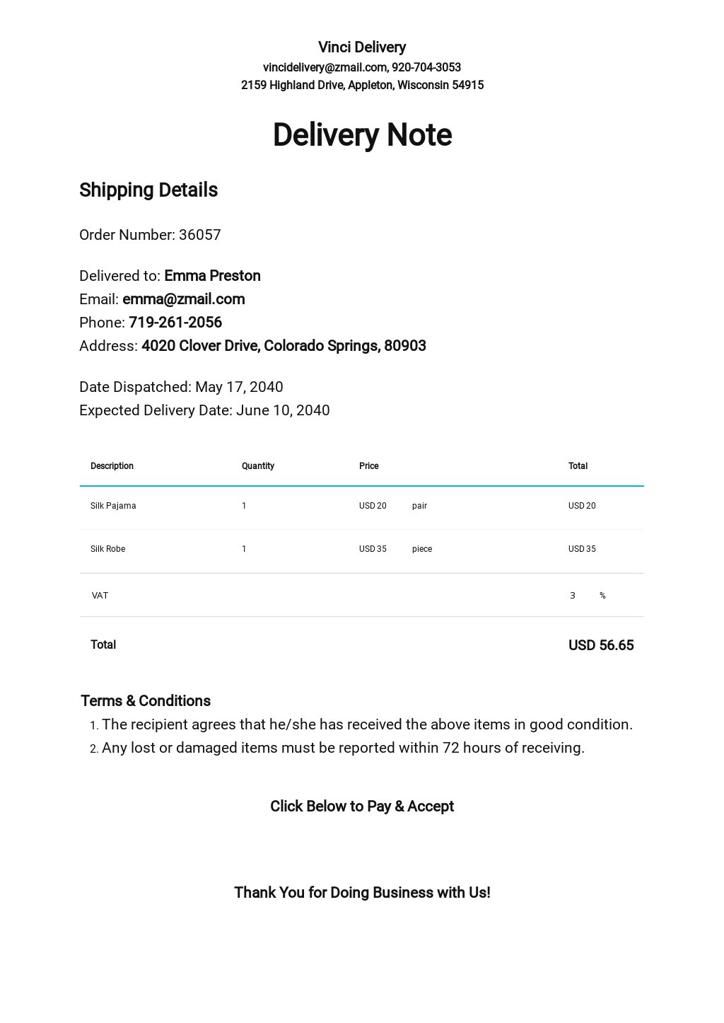 Simple Delivery Note Template [Free PDF] Excel, Word, Apple Numbers