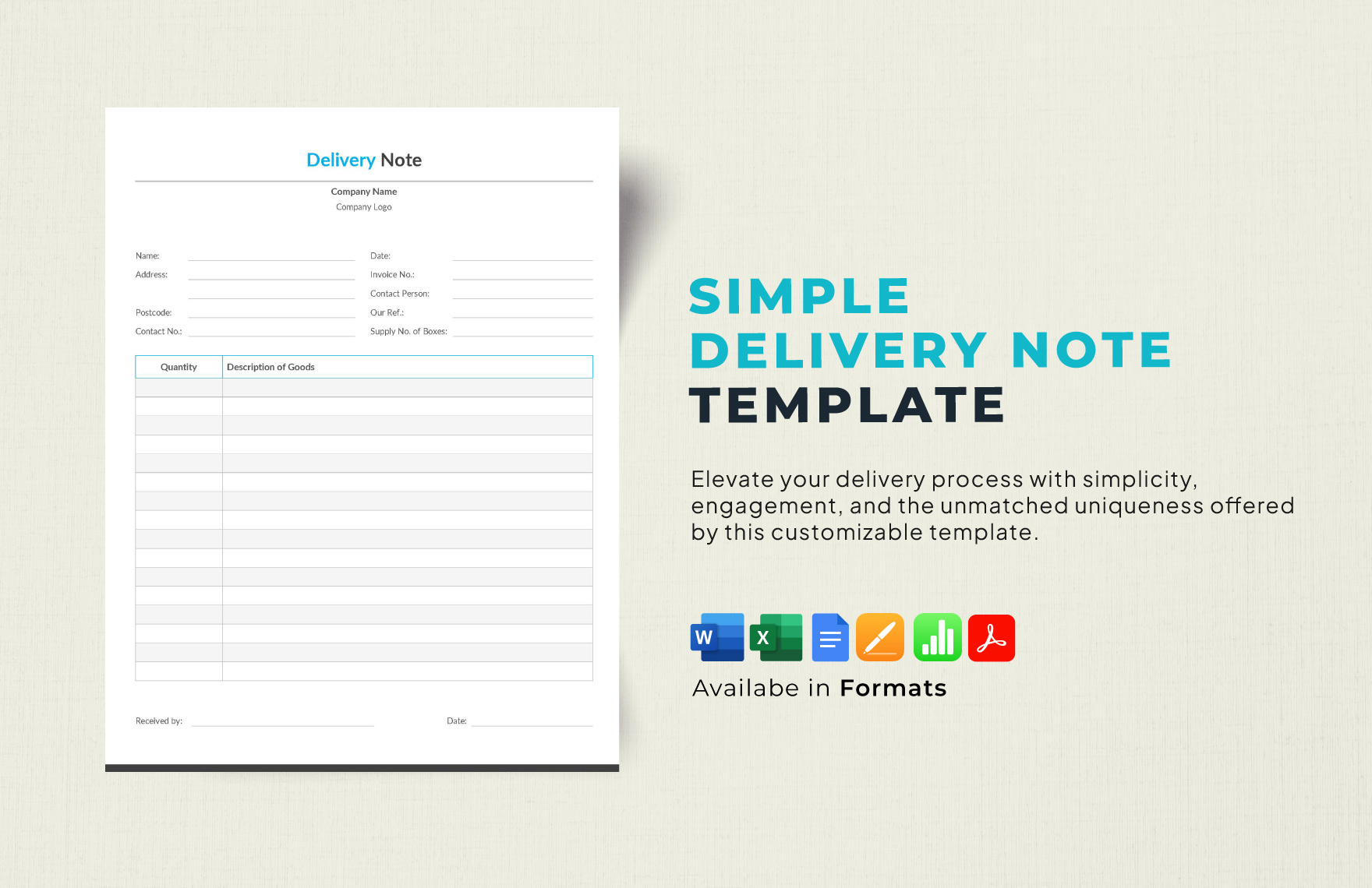 Simple Delivery Note Template in Word, Google Docs, Excel, PDF, Google Sheets, Apple Pages, Apple Numbers