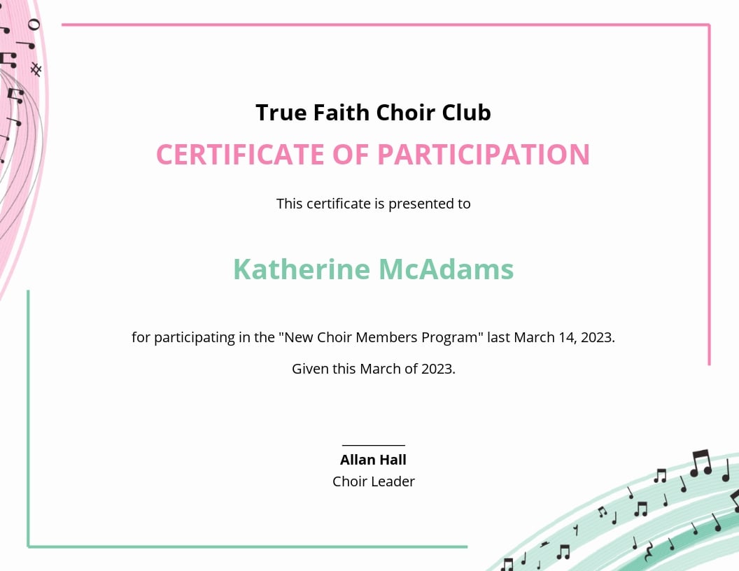 Choir Certificate of Participation Template - Google Docs, Word Regarding Certificate Of Participation Template Pdf