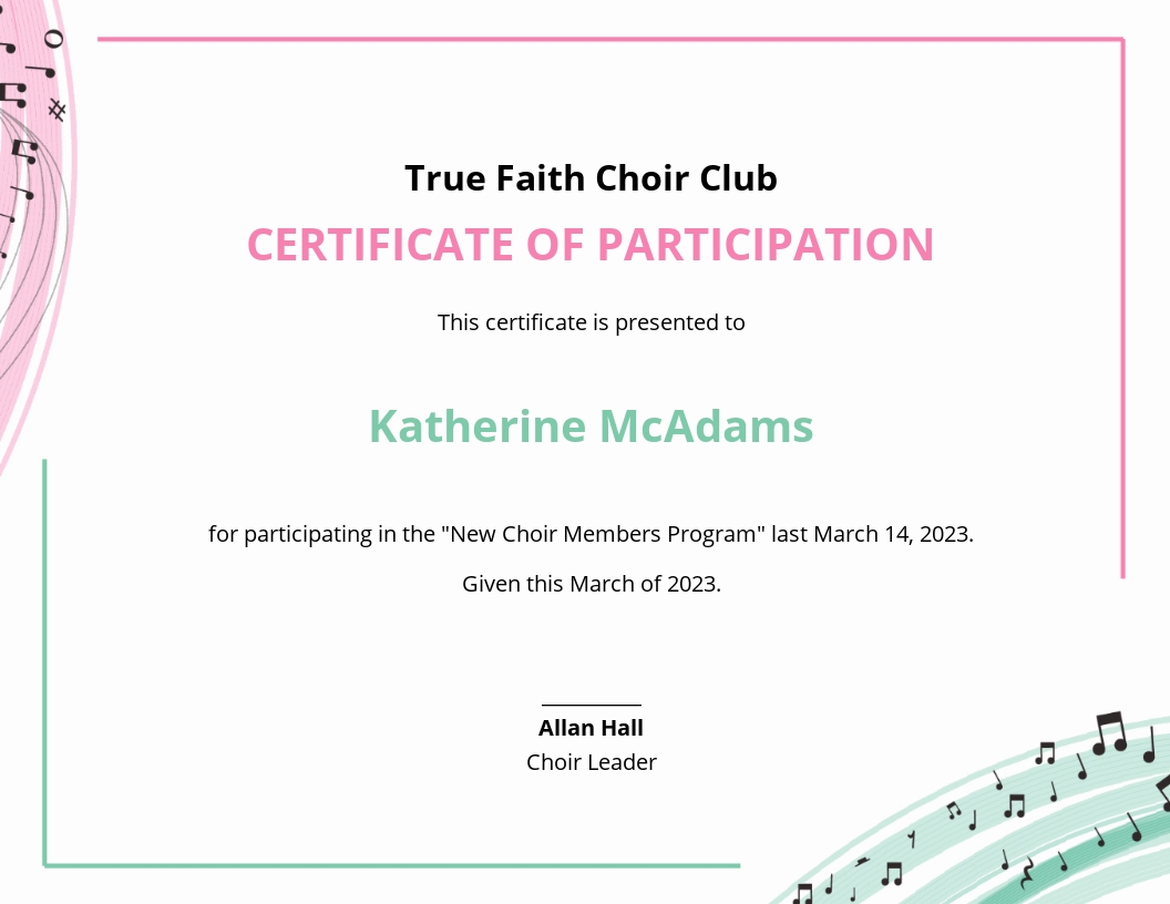 Choir Certificate of Participation Template - Google Docs, Word, Publisher