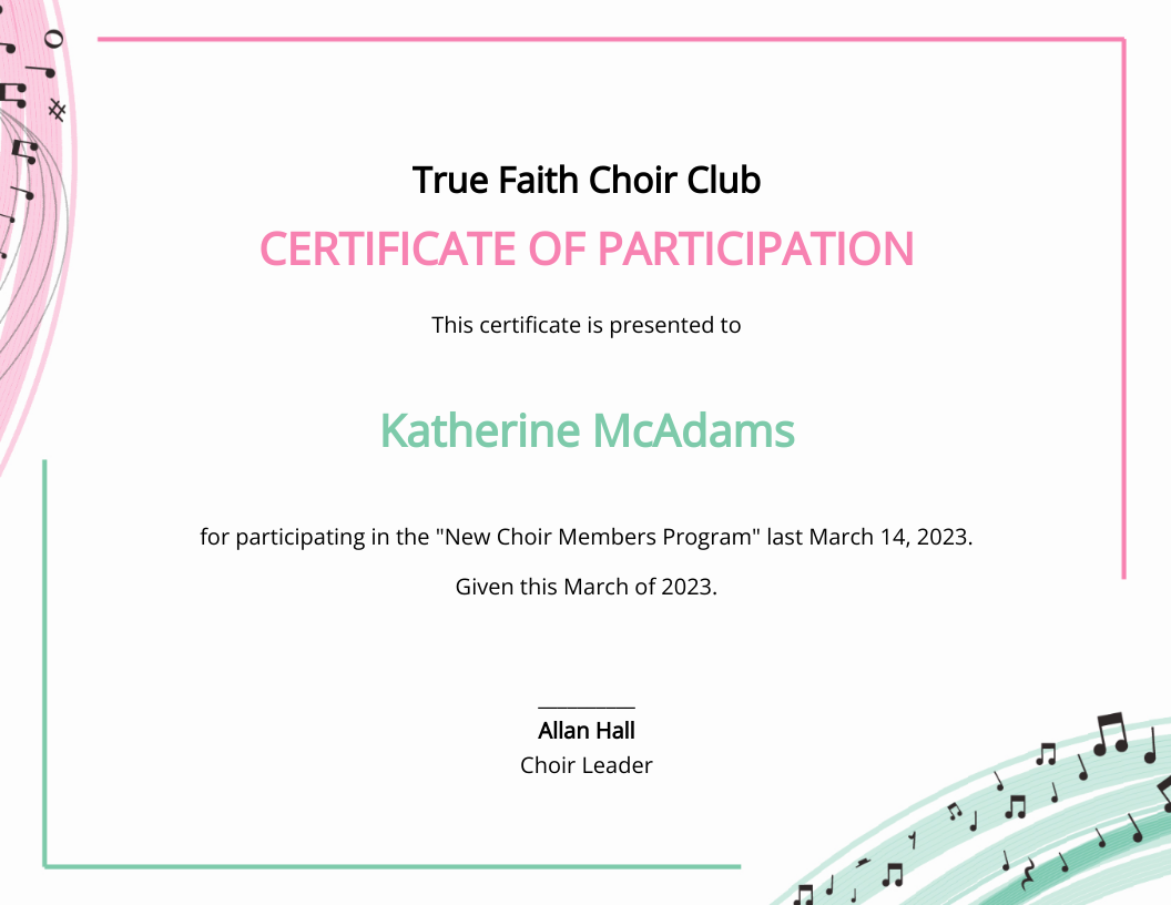 Editable Choir Certificate of Participation Template in Word, Publisher, Google Docs, Pages - Download | Template.net