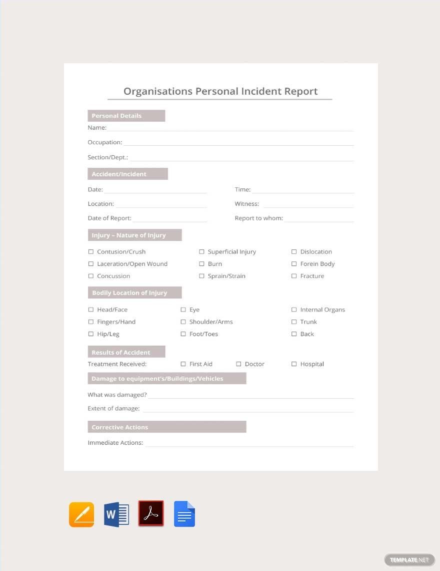 Free Organisations Personal Incident Report Template