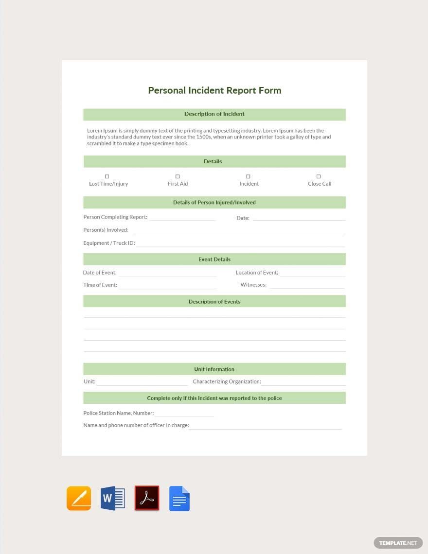Personal Incident Report Form Template