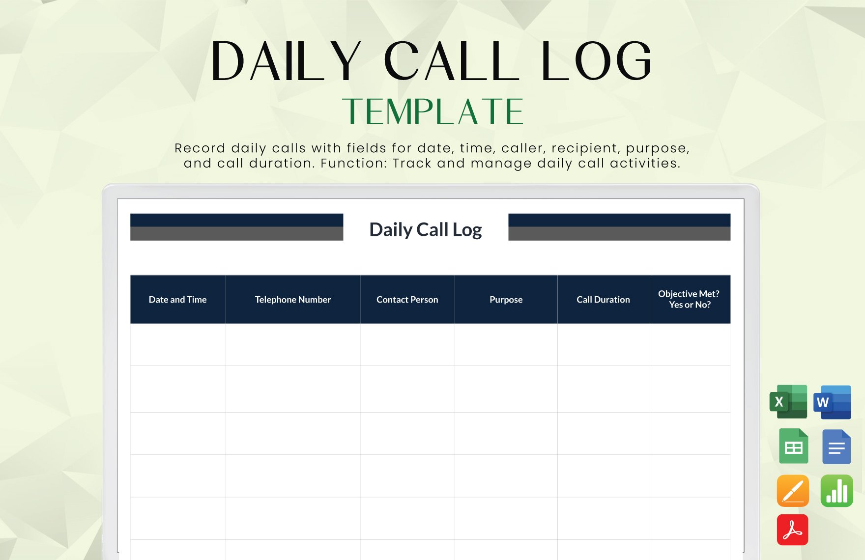 Daily Call Log Template in Word, Google Docs, Excel, PDF, Google Sheets, Apple Pages, Apple Numbers
