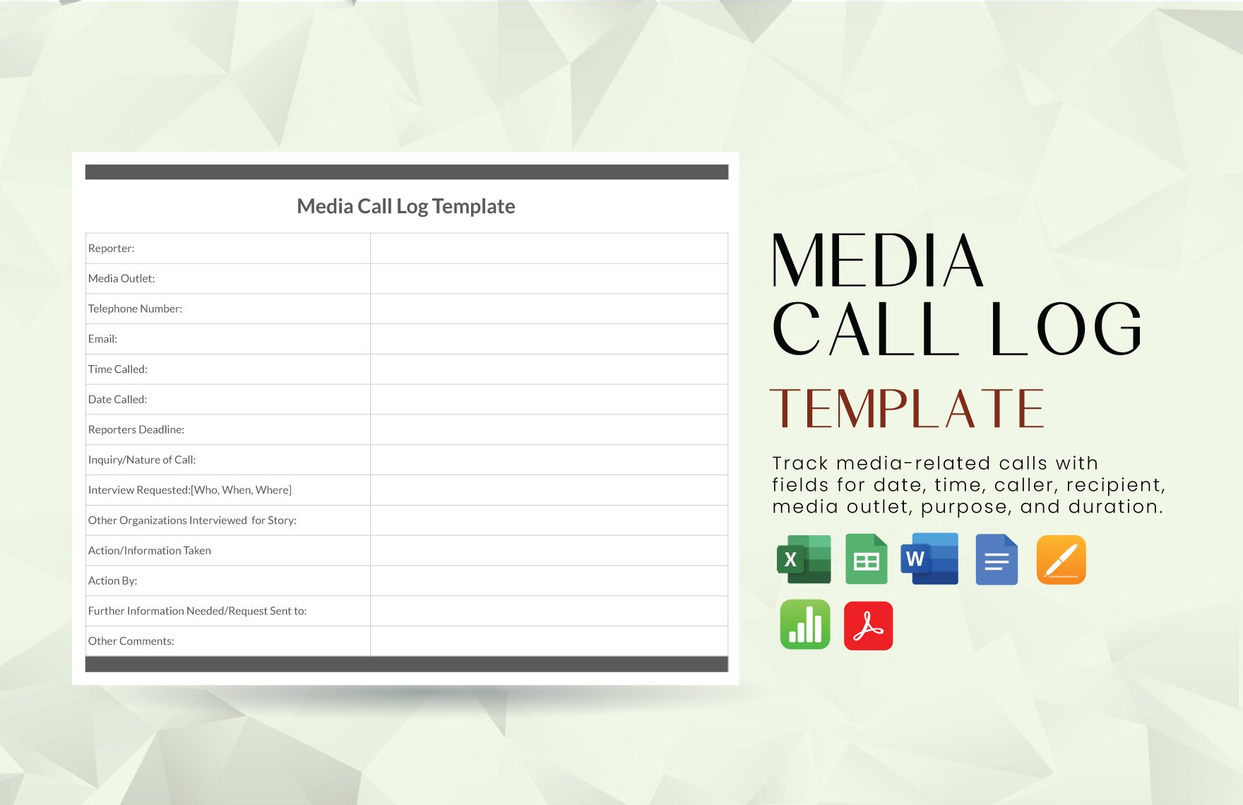 Media Call Log Template in Word, Google Docs, Excel, PDF, Google Sheets, Apple Pages, Apple Numbers
