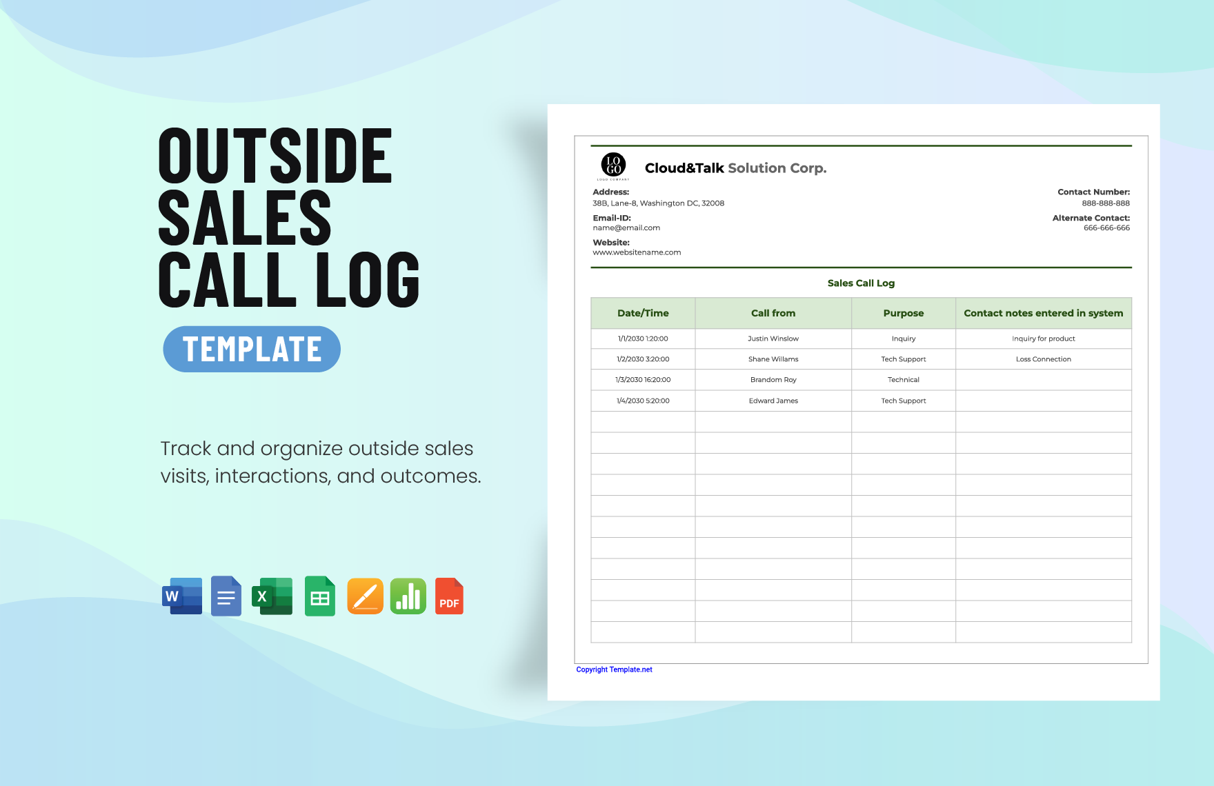Outside Sales Call Log Template in Word, Google Docs, Excel, PDF, Google Sheets, Apple Pages, Apple Numbers