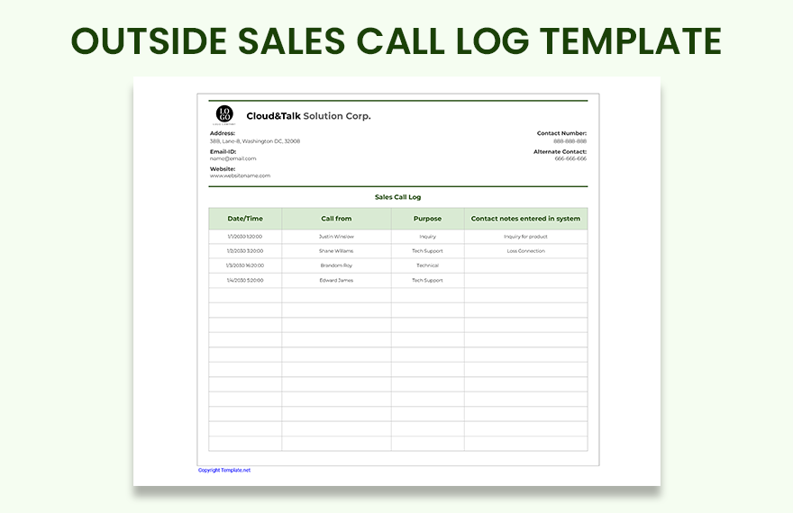 Outside Sales Call Log Template
