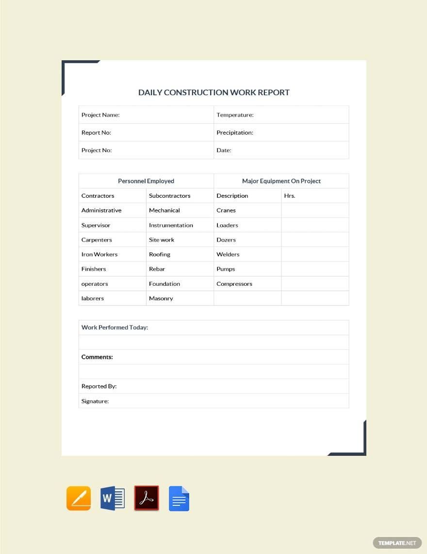 Daily Construction Work Report Template in Word, Google Docs, PDF, Apple Pages