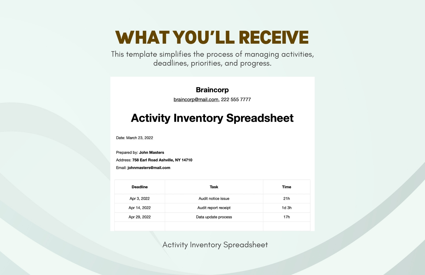 Activity Inventory Spreadsheet Template