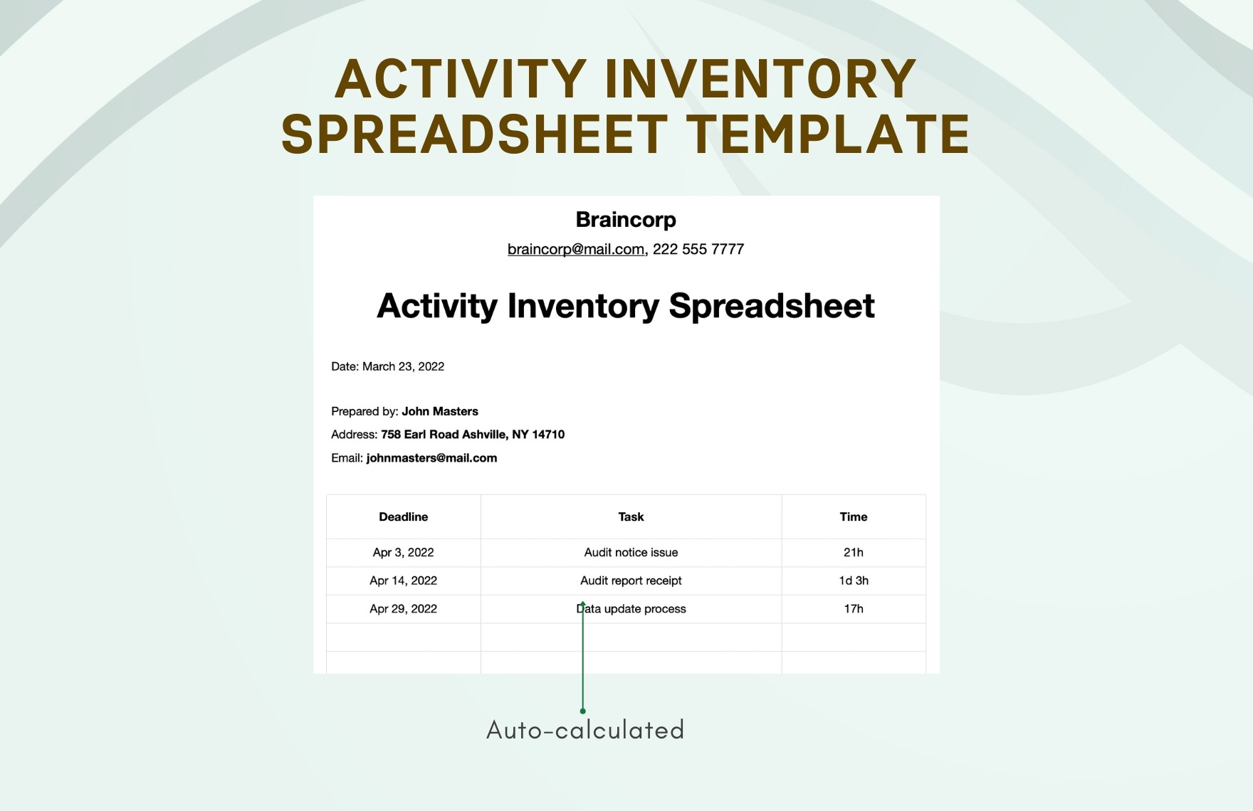 Activity Inventory Spreadsheet Template