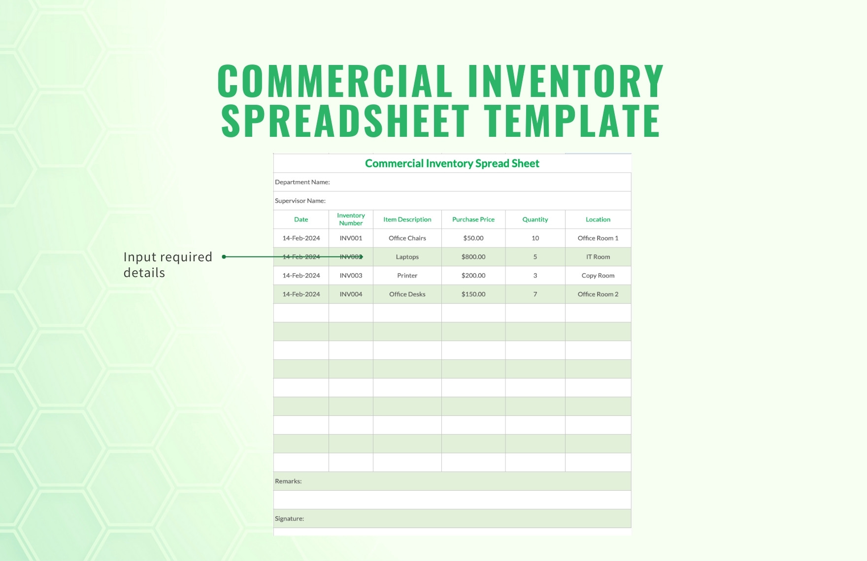 Commercial inventory Spreadsheet Template