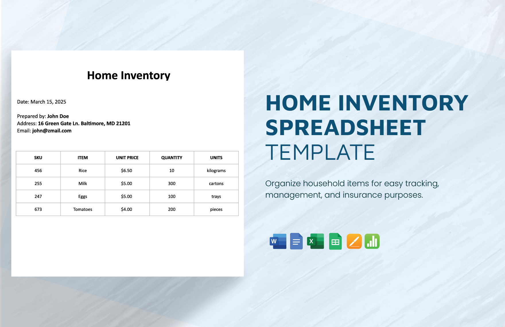 Home Inventory Spreadsheet Template in Word, Google Docs, Excel, Google Sheets, Apple Pages, Apple Numbers