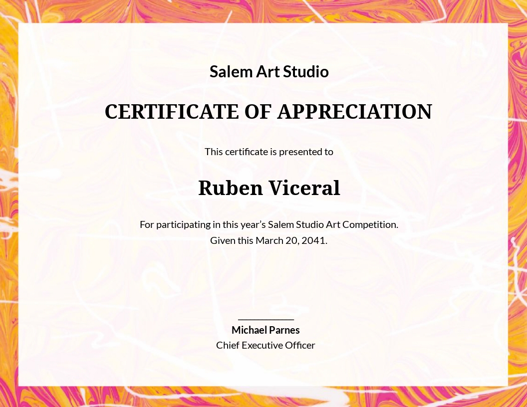 Appreciation Certificate Template - Google Docs, Illustrator, InDesign, Word, Outlook, Apple Pages, PSD, Publisher