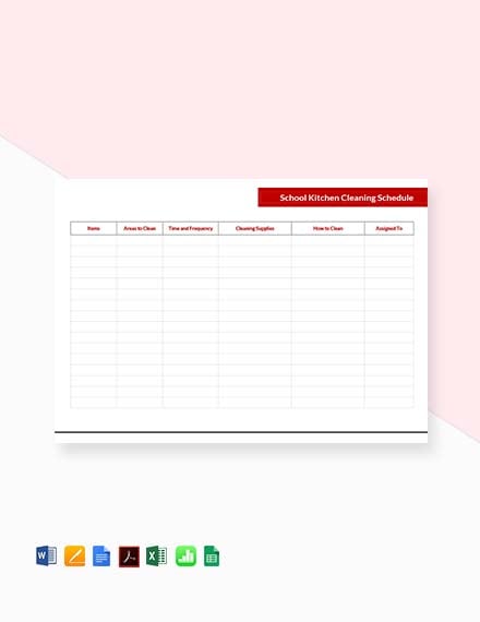 School Kitchen Cleaning Schedule Template - Excel, Word, Apple Numbers, Apple Pages, PDF