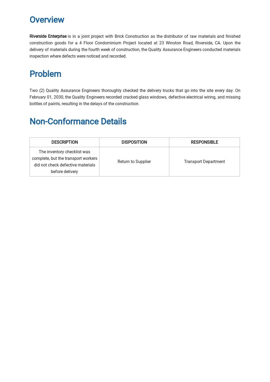 Free Manufacturing Non-Conformance Report Template - Google Docs In Quality Non Conformance Report Template