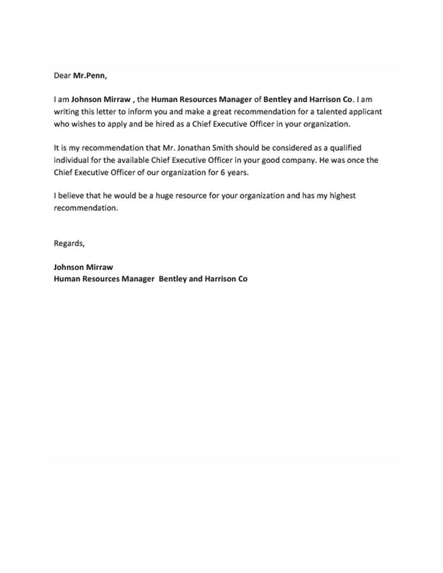 CEO Recommendation Letter Template