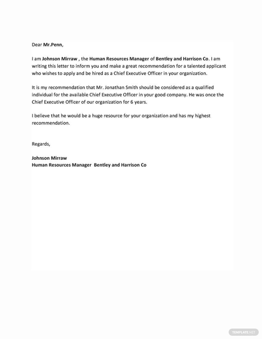 CEO Recommendation Letter Template