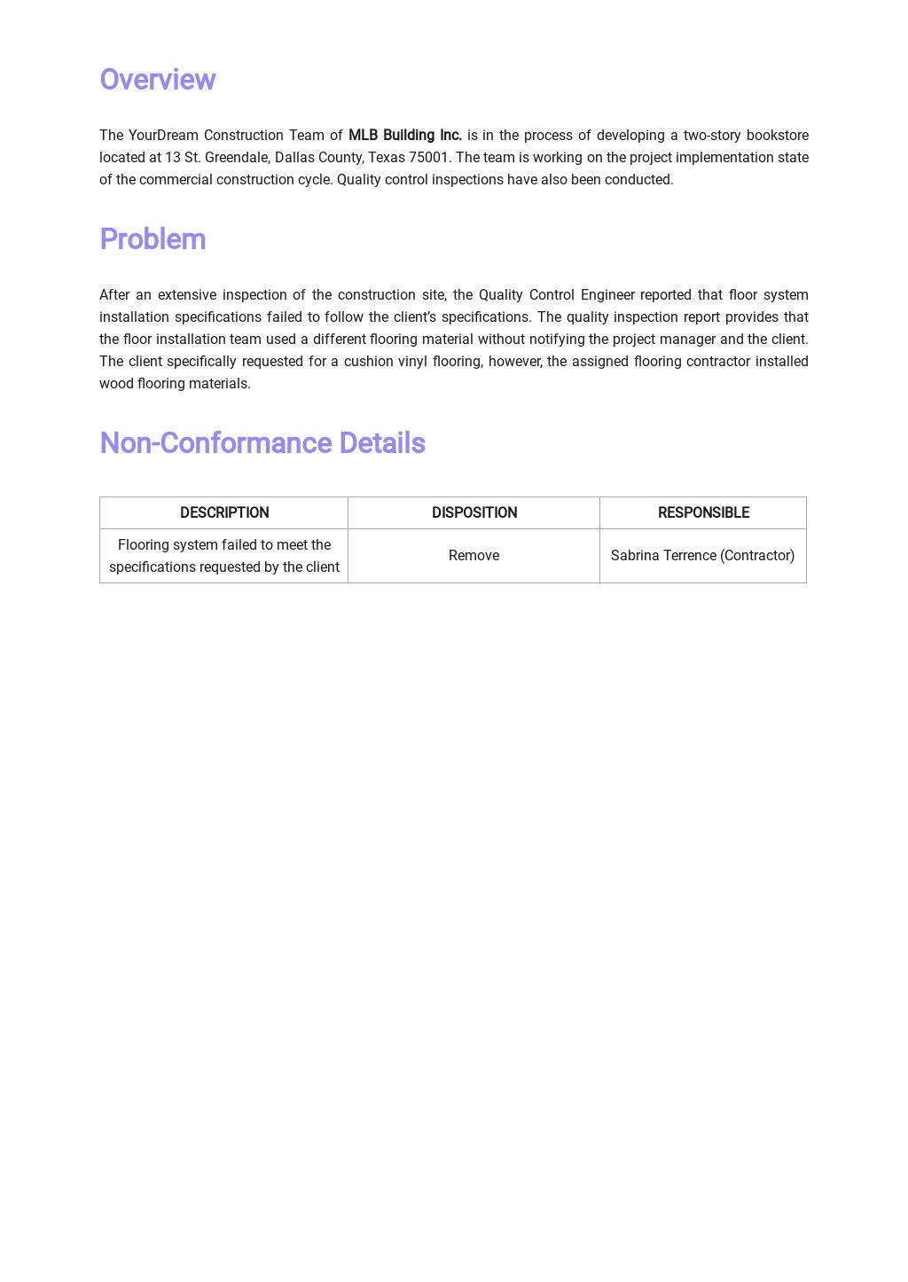 Simple NonConformance Report Template [Free PDF] Word (DOC) Apple