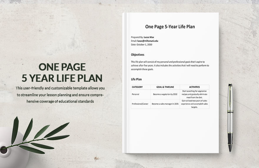 One Page 5 Year Life Plan Template