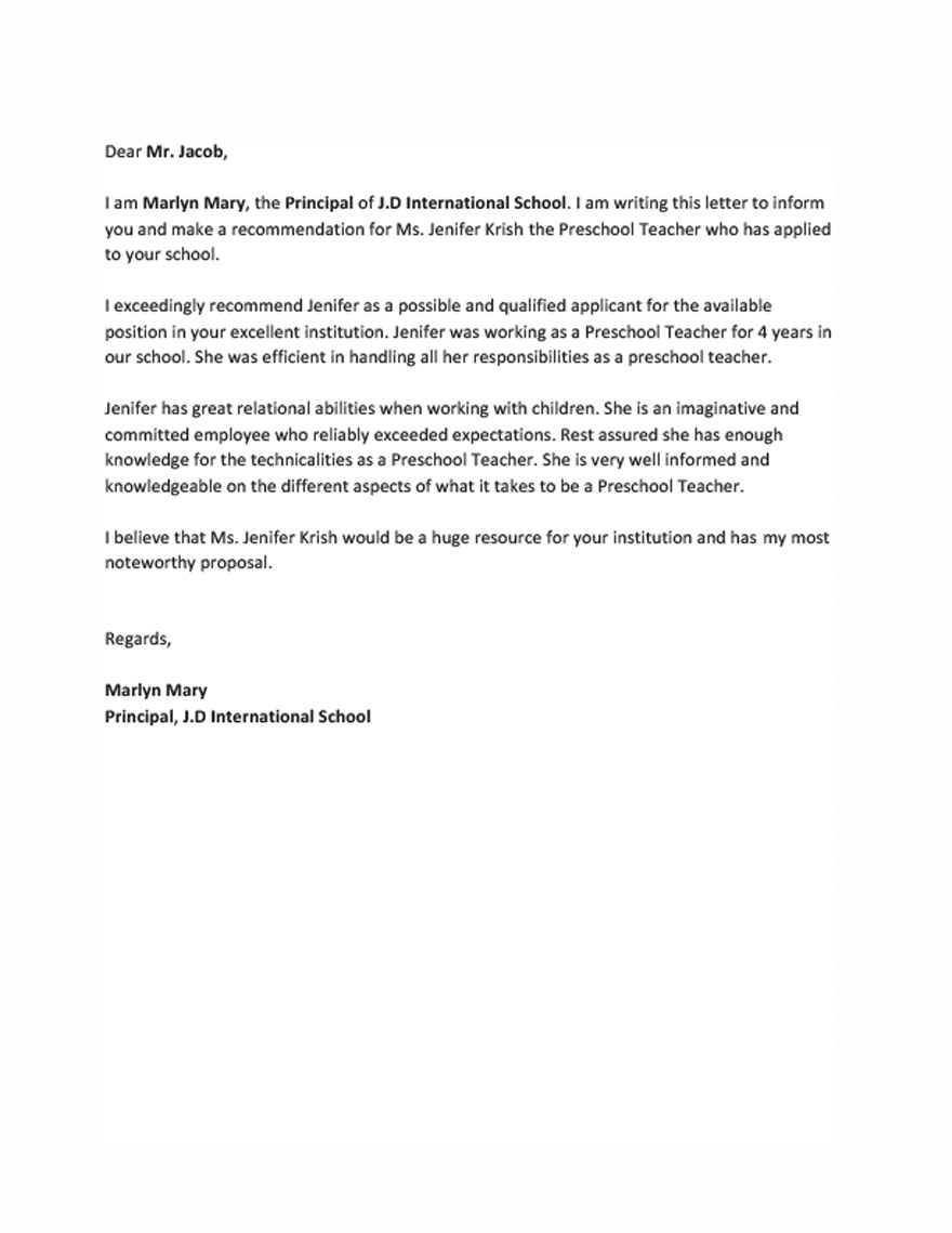 Sample Recommendation Letter For Elementary Student From Teacher