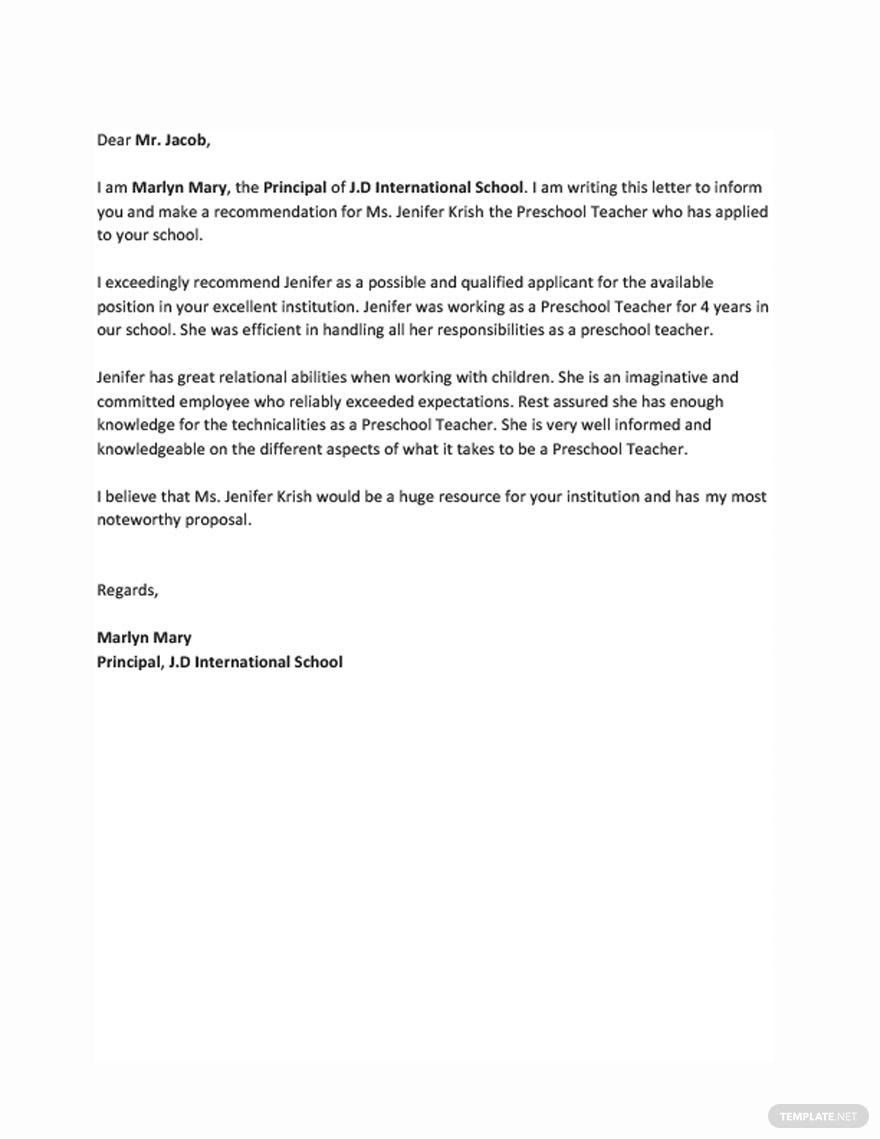 Preschool Teacher Recommendation Letter Template in Google Docs, Word