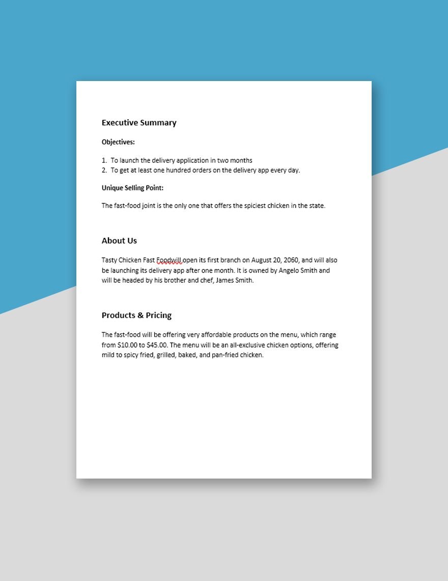Food Delivery App Business Plan Template 