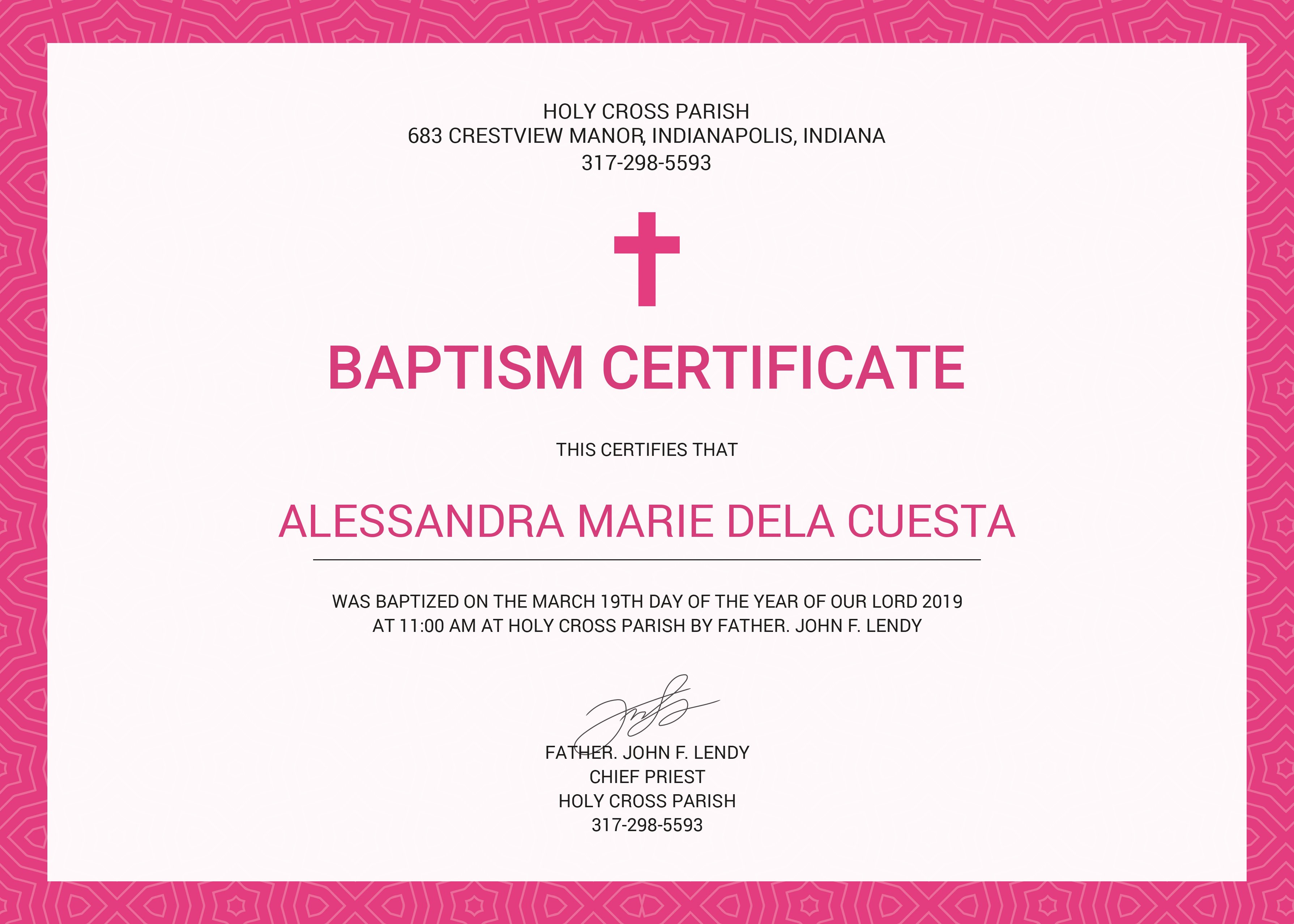Sample Baptism Certificate
