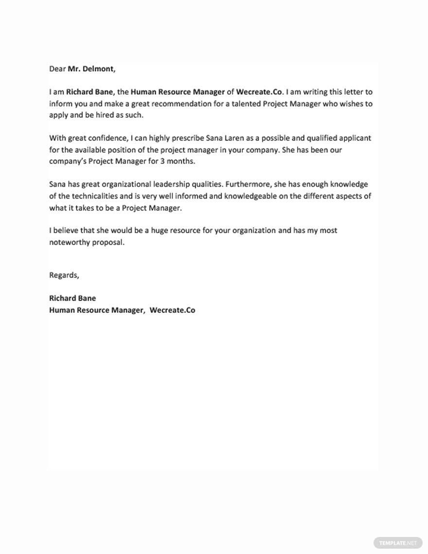 Project Manager Recommendation Letter