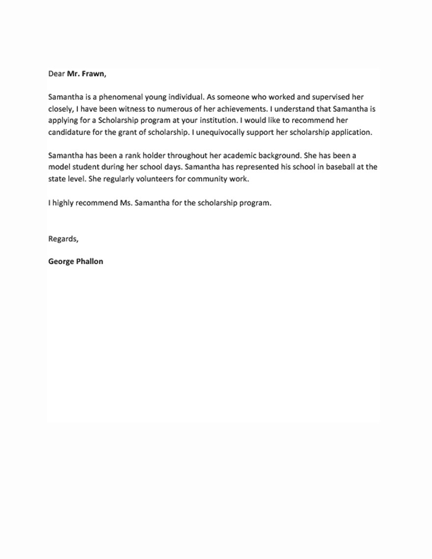 Recommendation Letter Template for Scholarship