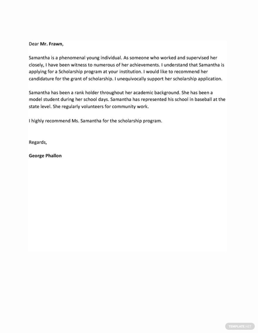 Recommendation Letter Template for Scholarship